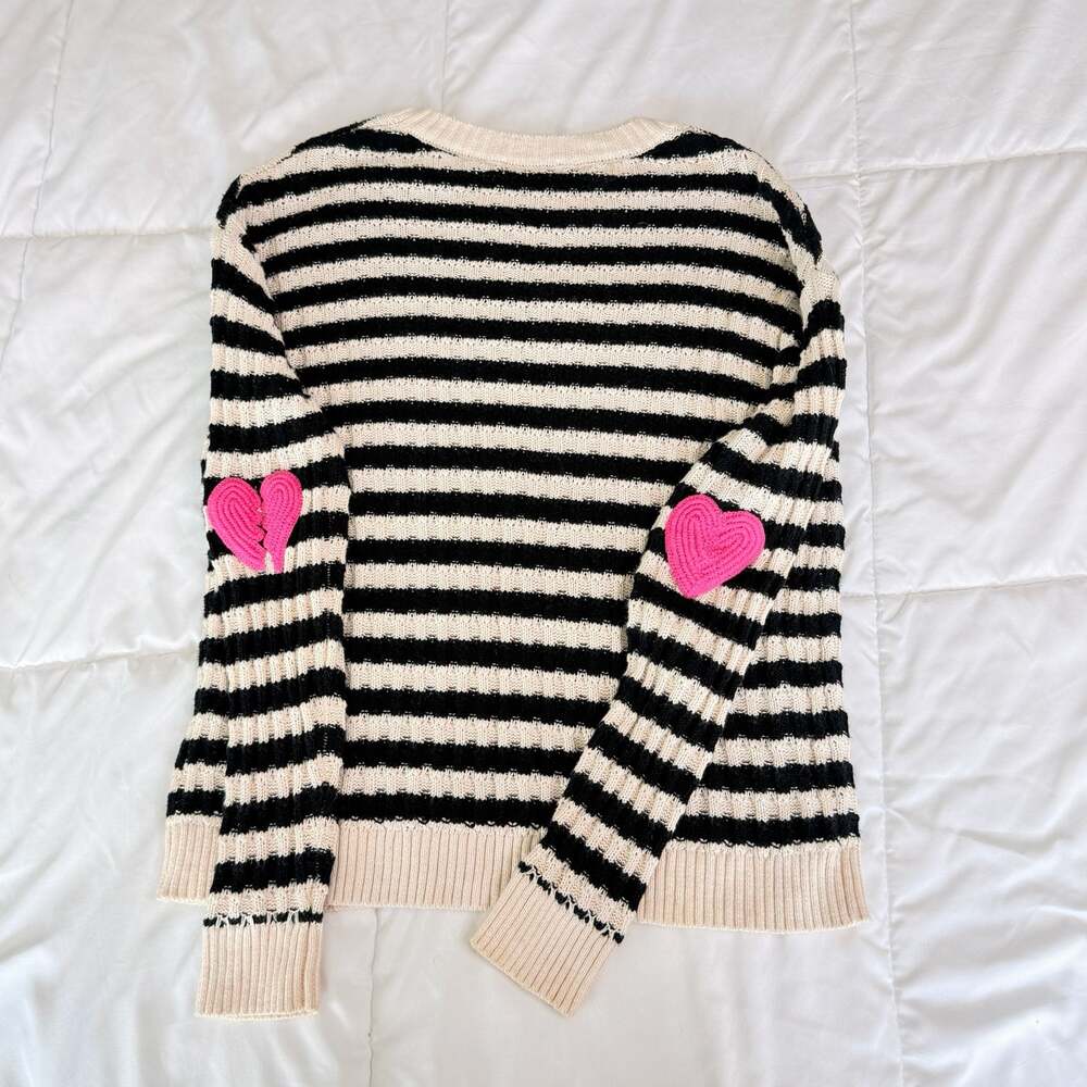 Lisa Todd Black and White Striped Pullover Sweater with Pink Heart Elbow Patches - Picture 3 of 16